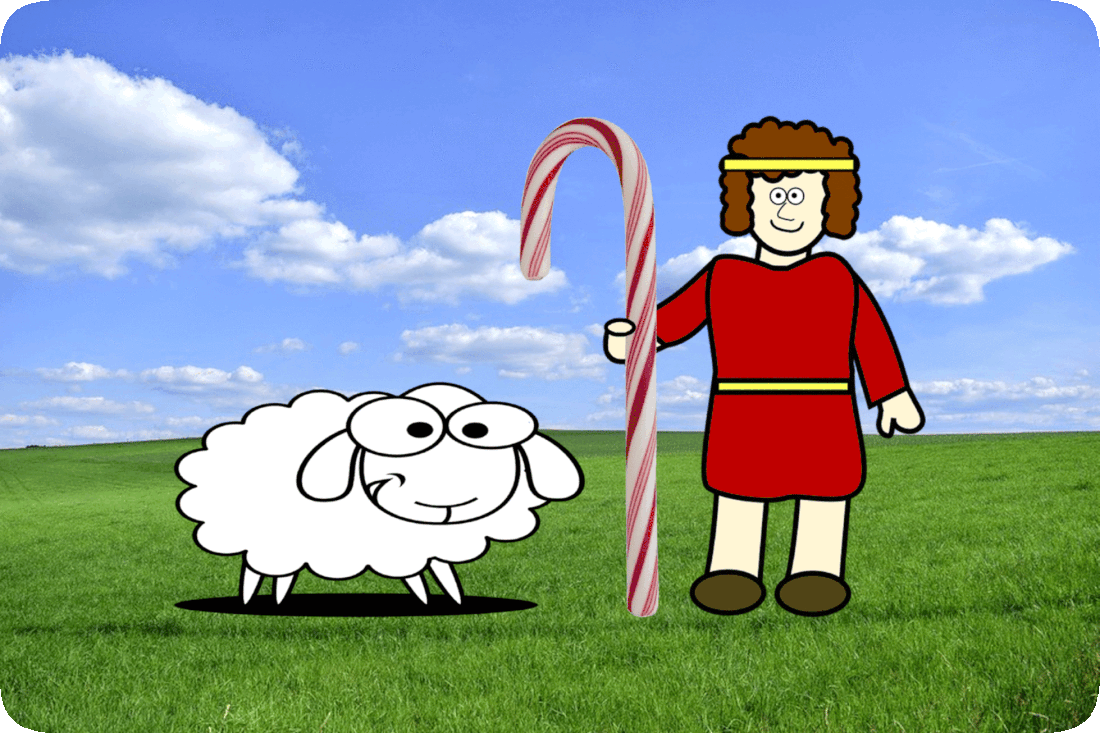Picture of a shepherd standing in a green grassy pasture while holding a giant red-and-white-striped candy cane that is as big as a shepherd’s staff, which are traditionally long sticks of wood having one end that curves to form a half-circle, while a fluffy white sheep stands next to him, and a blue sky with fluffy white clouds is in the background.