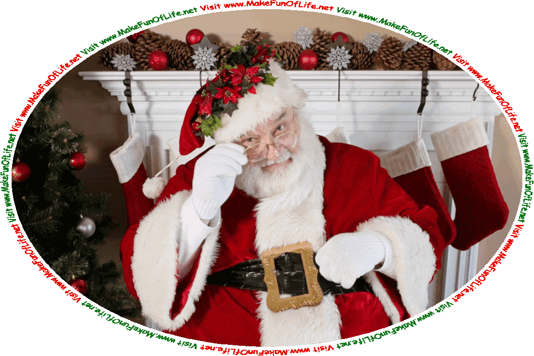 Picture of Santa Claus looking serious through his spectacles or eyeglasses, and the words, ‘Visit www.MakeFunOfLife.net.’