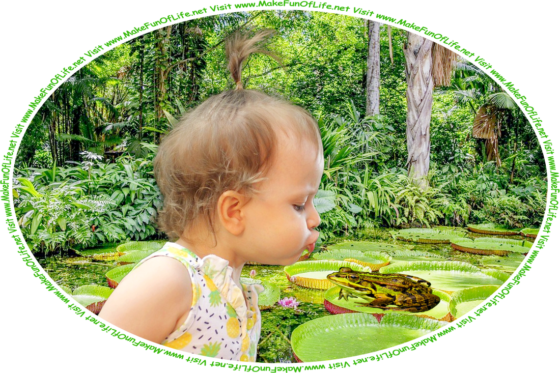 Picture of a girl puckering up her lips to kiss a green frog that is sitting on a green lily pad in pond water, and the words, ‘Visit www.MakeFunOfLife.net.’