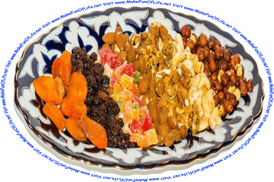 Picture of a serving platter loaded with dried apricots, raisins, candied fruits, almonds, cashews, peanuts, and the words, ‘Visit www.MakeFunOfLife.net.’