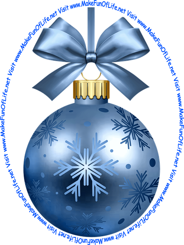 Picture of a dark-blue-color Christmas bauble decoration with a dark-blue-color bow and a piece of dark-blue-color ribbon tied to it for hanging the decoration and the words, ‘Visit www.MakeFunOfLife.net.’