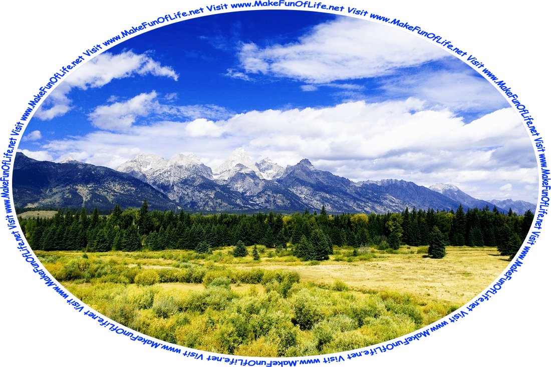 Picture of a meadow of grass and scrub brush, edged by evergreen trees, with snow-capped mountains in the distance, a blue sky with fluffy white clouds above, and the words, ‘Visit www.MakeFunOfLife.net.’