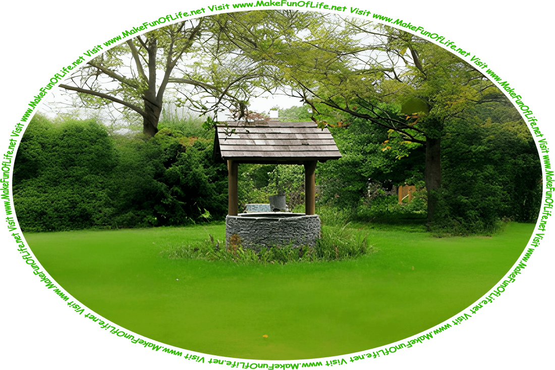 Picture of a wishing well in a green grassy yard, with a bucket hanging from it, and the words, ‘Visit www.MakeFunOfLife.net.’
