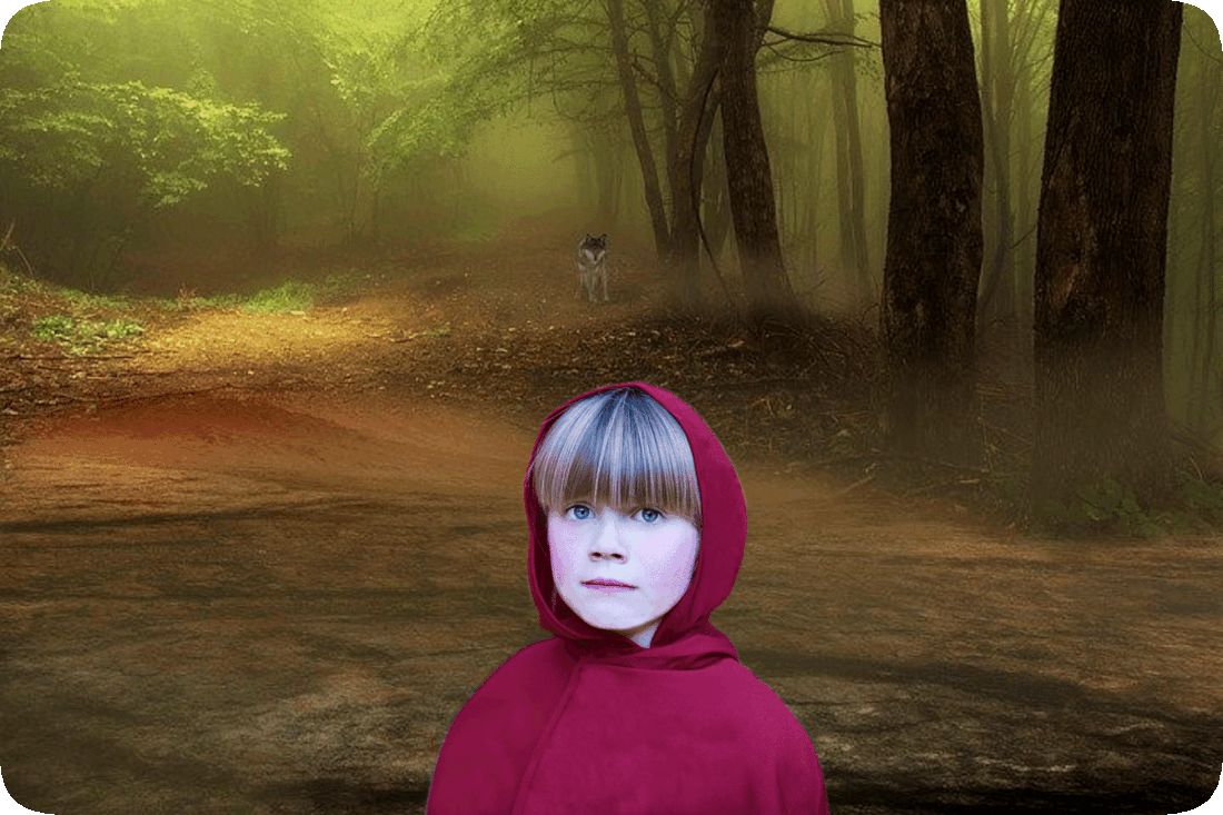 Picture of fairy tale character Little Red Riding Hood on a path in a forest, with a wolf also on the path at a distance behind her.